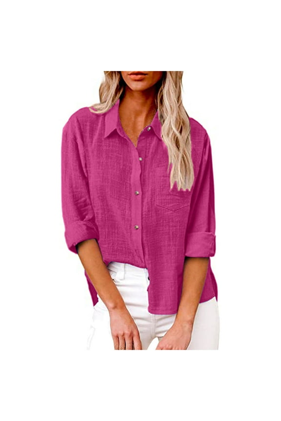 Womens Plus Size Button Down Shirts Cotton Linen Roll Up Long Sleeve V Neck Dress Shirts Casual Loose Work Blouse Tunic Tops with Pocket, S-5XL
