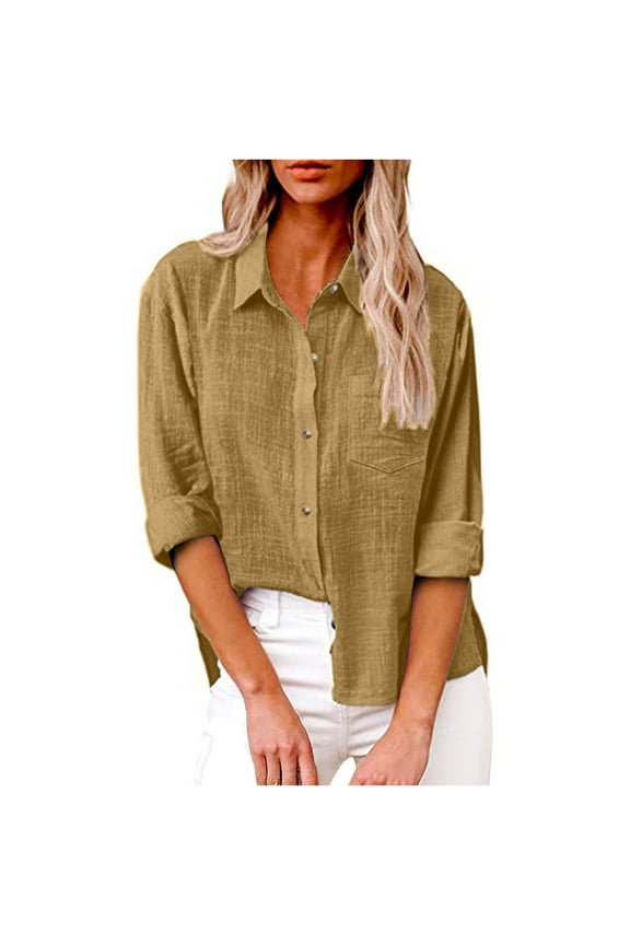 Womens Plus Size Button Down Shirts Cotton Linen Roll Up Long Sleeve V Neck Dress Shirts Casual Loose Work Blouse Tunic Tops with Pocket, S-5XL