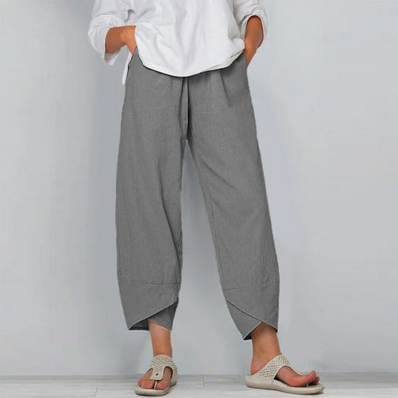 TMOYZQ Womens Plus Size Capri Pants Summer Casual Cotton Linen Loose High Waist Wide Leg Harem Pants Comfy Palazzo Yoga Work Trousers Sweatpants