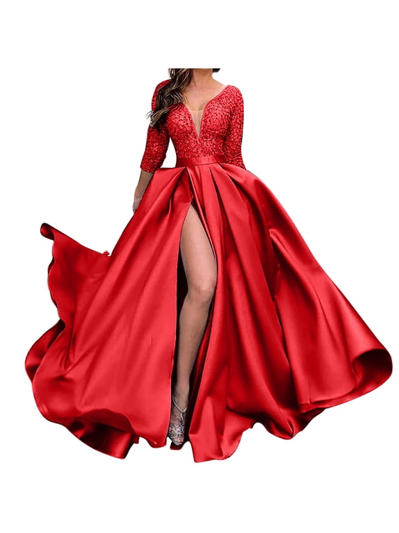 Womens Plus Size Deep V Neck Sequin Evening Party Dress Floral Lace 3/4 Sleeve High Split Maxi Dress Formal Prom Dress Wedding Guest Dresses