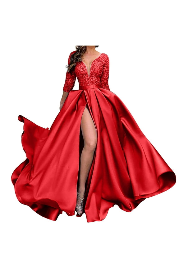 Womens Plus Size Deep V Neck Sequin Evening Party Dress Floral Lace 3/4 Sleeve High Split Maxi Dress Formal Prom Dress Wedding Guest Dresses