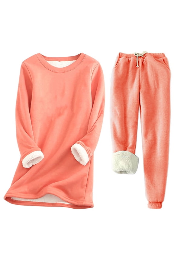 Womens Plus Size Fleece Sweatsuit 2 Piece Outfit Winter Sherpa Lined Tracksuit Warm Up Suits Crewneck Long Sleeve Thick Sweatshirt and Drawstring Elastic Waist Sweatpants Sets