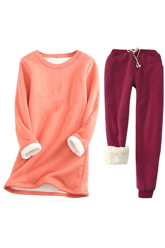 Womens Plus Size Fleece Sweatsuit 2 Piece Outfit Winter Sherpa Lined Tracksuit Warm Up Suits Crewneck Long Sleeve Thick Sweatshirt and Drawstring Elastic Waist Sweatpants Sets