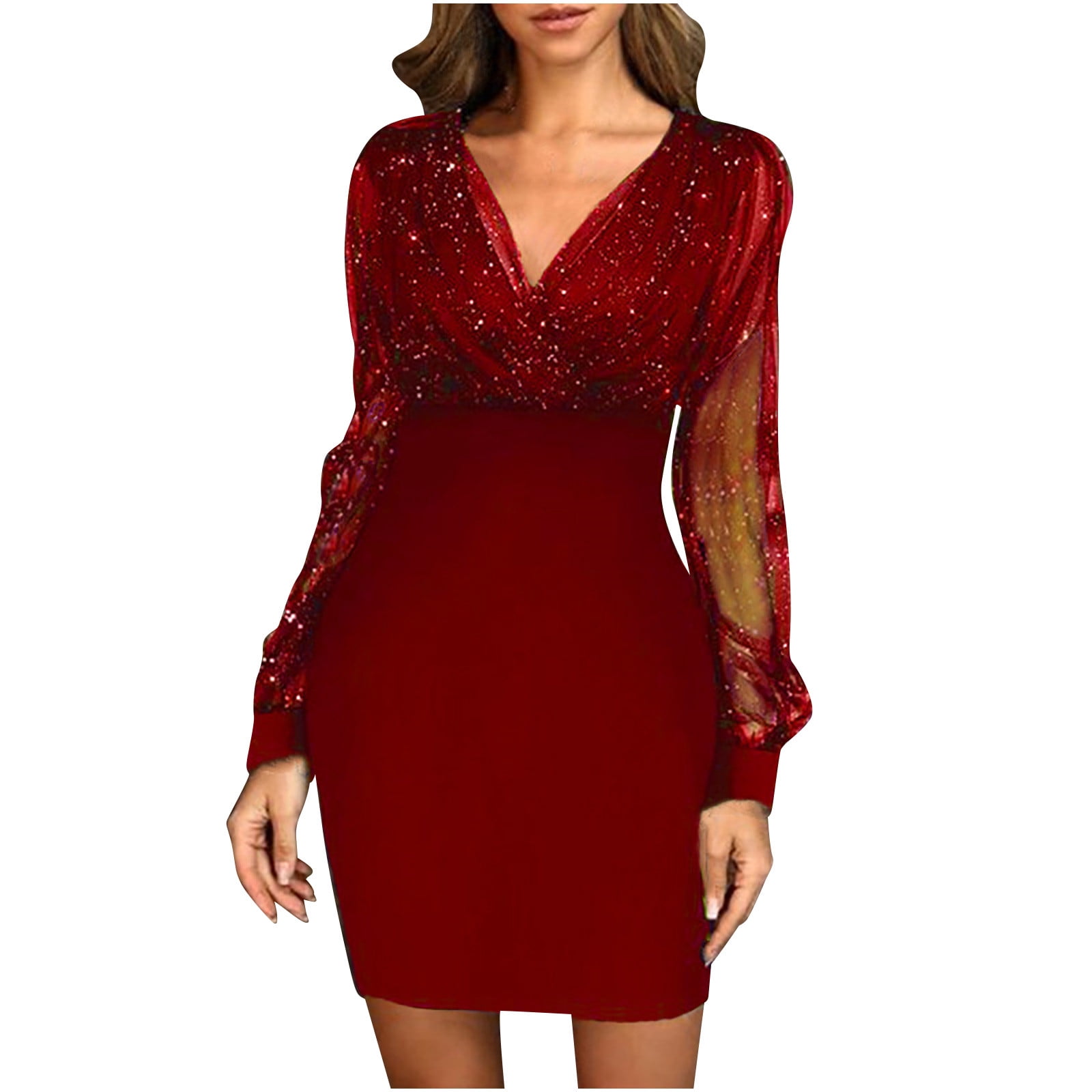 TMOYZQ Womens Sparkly Glitter Sequin Dresses V Neck Mesh Sleeve Bodycon