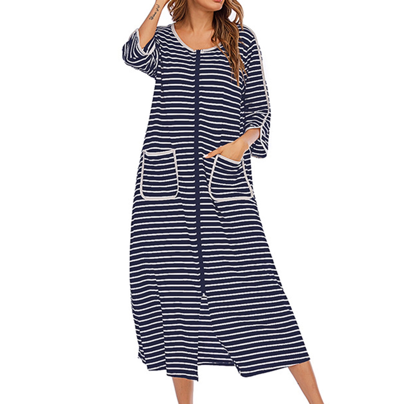 TMOYZQ Womens Striped Style Long Nightgowns 3/4 Sleeve Zip Up Front Nightshirts Full Length