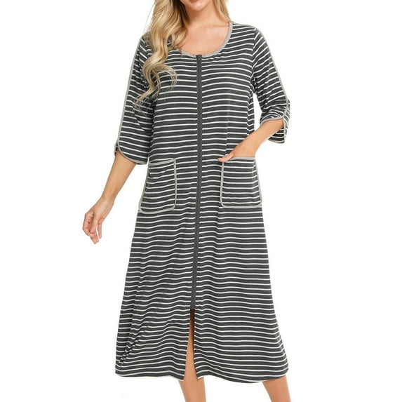 TMOYZQ Womens Striped Style Long Nightgowns 3/4 Sleeve Zip Up Front Nightshirts Full Length Sleepshirts Soft Sleepwear Pajama Dress with Pockets