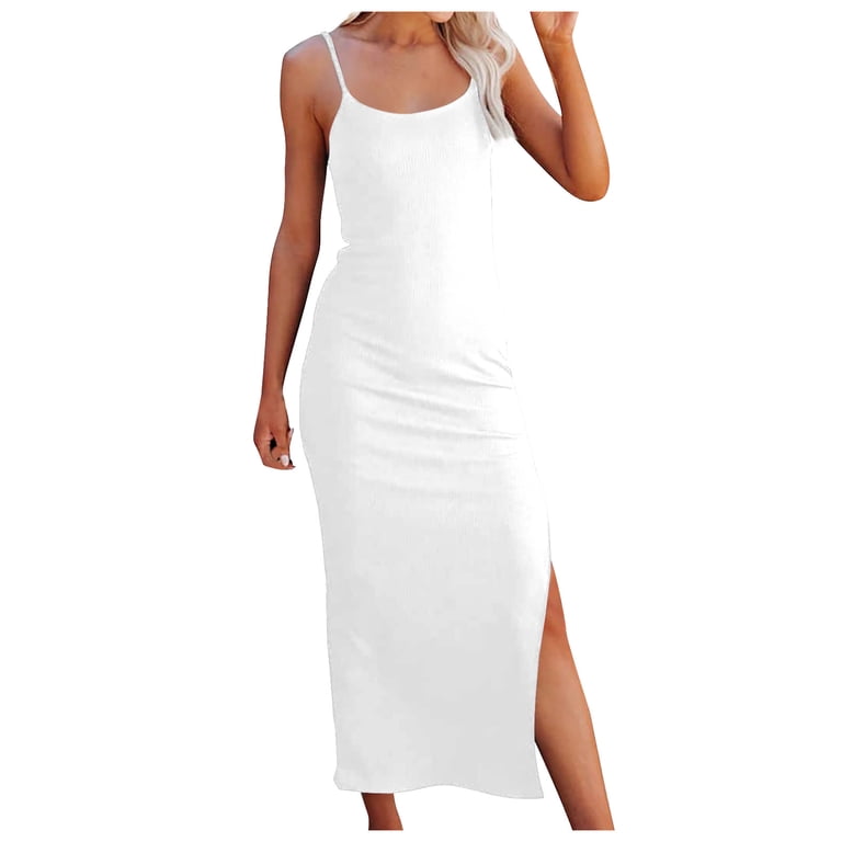 TMOYZQ Womens Summer Spaghetti Strap Stretchy Bodycon Maxi Dress Casual  Sleeveless Cami Midi Dress Side Split Beach Sundress Club Party Cocktail  Dress - Walmart.com