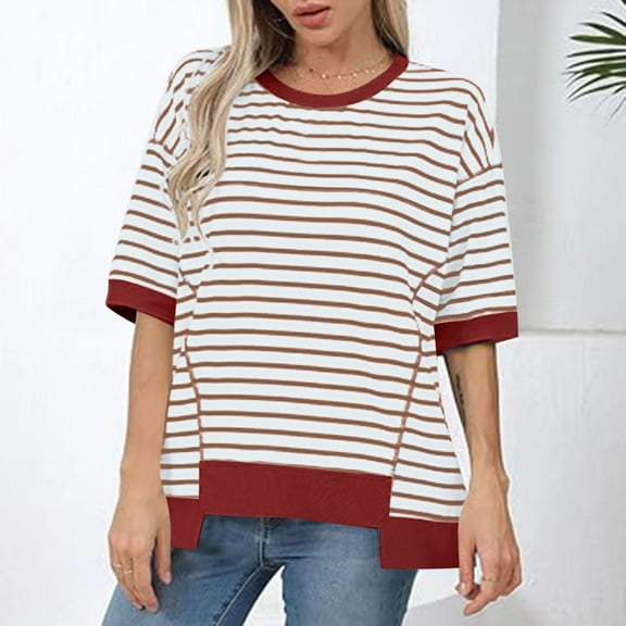 TMOYZQ Womens Summer Tops Casual Plus Size Crewneck Short Sleeve Sweatshirt Striped Color Block Trendy Loose Fit Pullover Knitted T Shirts Blouse