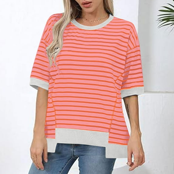 TMOYZQ Womens Summer Tops Casual Plus Size Crewneck Short Sleeve Sweatshirt Striped Color Block Trendy Loose Fit Pullover Knitted T Shirts Blouse