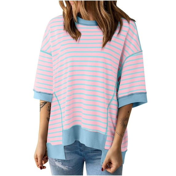 TMOYZQ Womens Summer Tops Casual Plus Size Crewneck Short Sleeve Sweatshirt Striped Color Block Trendy Loose Fit Pullover Knitted T Shirts Blouse