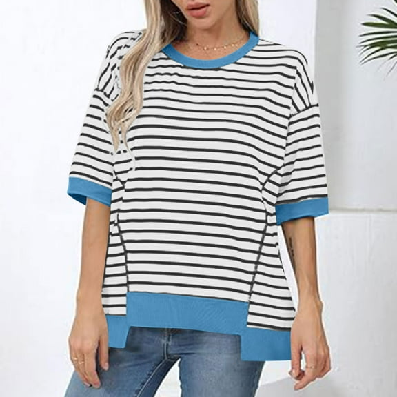 TMOYZQ Womens Summer Tops Casual Plus Size Crewneck Short Sleeve Sweatshirt Striped Color Block Trendy Loose Fit Pullover Knitted T Shirts Blouse