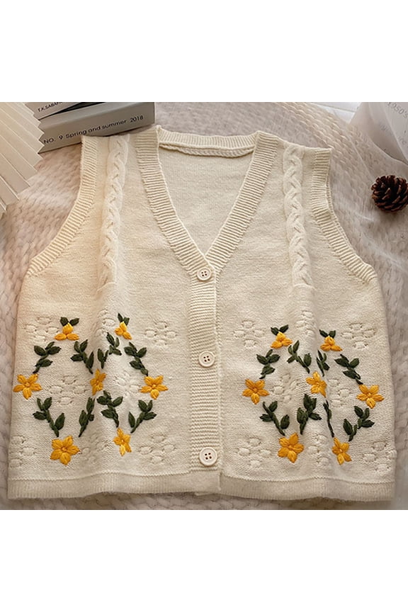 Womens Sweater Vest Vintage Hollow-Out Crochet Knit Sleeveless Vest Waistcoat Button Up Floral Loose Crop Cardigan Top Cover up Crop Tops