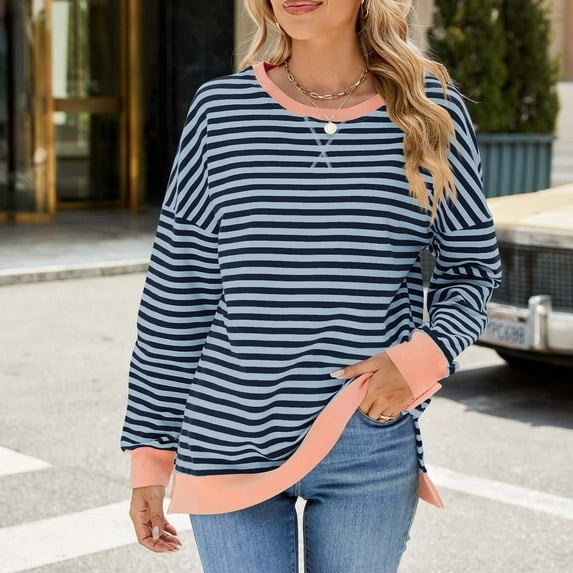 TMOYZQ Womens Sweatshirts Fall Trendy Stripes Long Sleeve T Shirt Plus Size Casual Shirt Sweatshirts Color Block Patchwork Pullover Blouse Tops