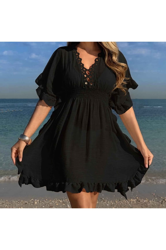 Womens Swimsuit Coverups Hollow Out V Neck Bathing Suit Cover Ups Dress Short Sleeve Ruffle Swimwear Cover Up