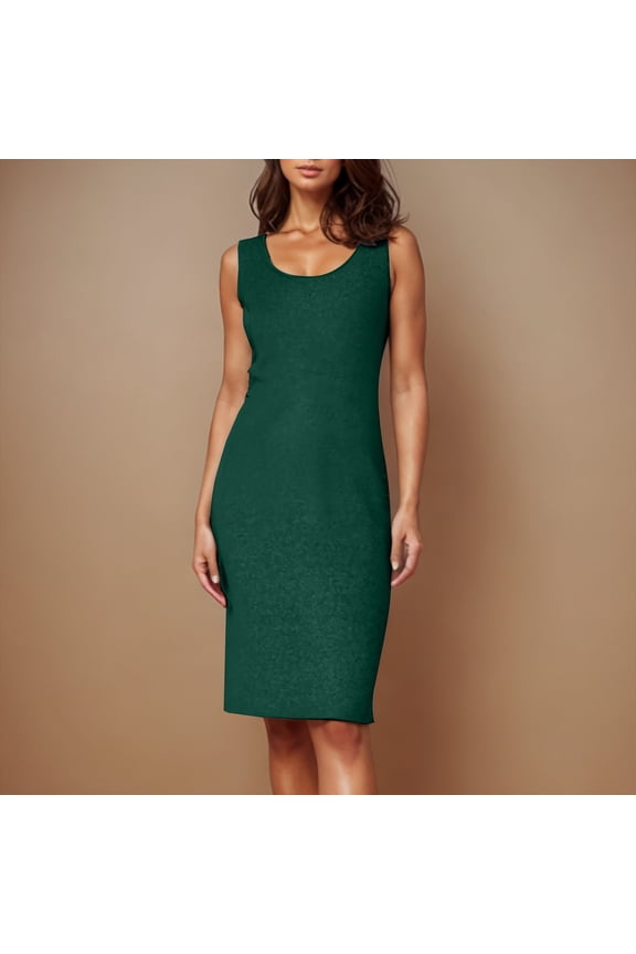 Womens Tank Dress Summer Scoop Neck Ribbed Sleeveless Bodycon Mini Slim Fitted Midi Dresses