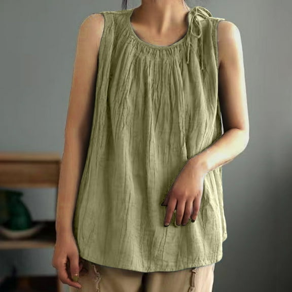 TMOYZQ Womens Tank Top Plus Size Loose Casual Cotton Linen Solid Color T Shirts Scoop Neck Sleeveless Blouses