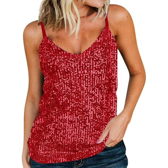 TMOYZQ Womens Tank Tops Casual Fashion V Neck Strappy Sequin Camisole Sleeveless Party Tanks Tops