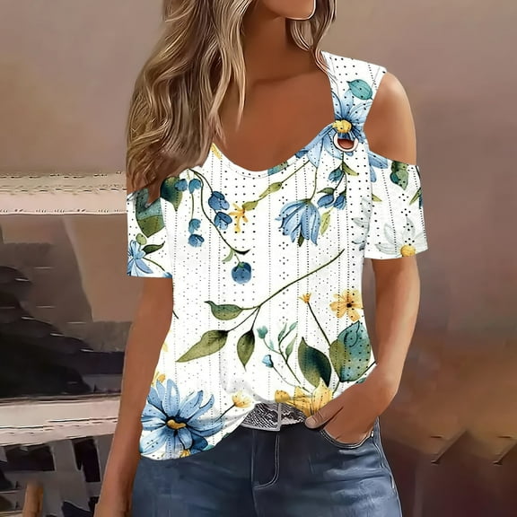 TMOYZQ Womens Tops O Ring Cold Shoulder Cute Shirts Casual Loose Fit Short Sleeve Shirt Bohemia Print Gradient Notched Neck Casual Tee