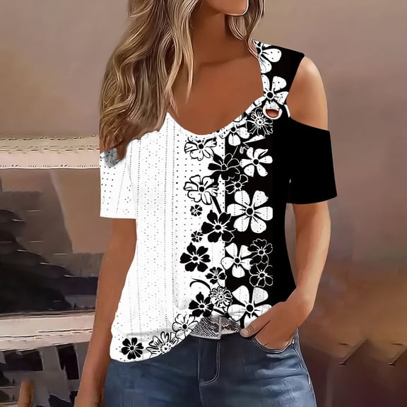 TMOYZQ Womens Tops O Ring Cold Shoulder Cute Shirts Casual Loose Fit Short Sleeve Shirt Bohemia Print Gradient Notched Neck Casual Tee