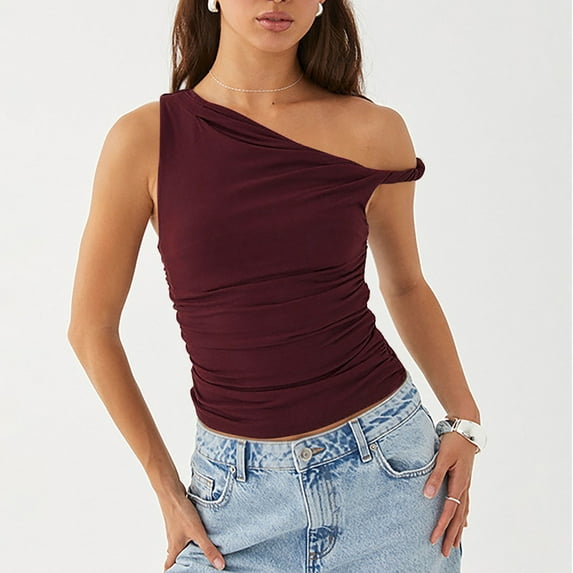 TMOYZQ Womens Tops One Off The Shoulder Ruched Twist Crop Tank Tops Sleeveless Asymmetric Slim Fit Going Out Cami Shirts