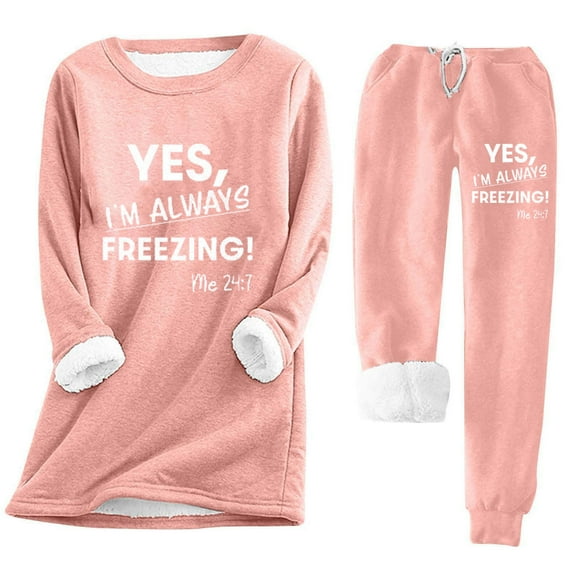 TMOYZQ Womens Yes I'm Still Freezing Me 24 7 Loungewear Set Fleece Two Piece Sherpa Lined Crewneck Long Sleeve Sweatshirt & Sweatpant Soft Fleece Pajamas