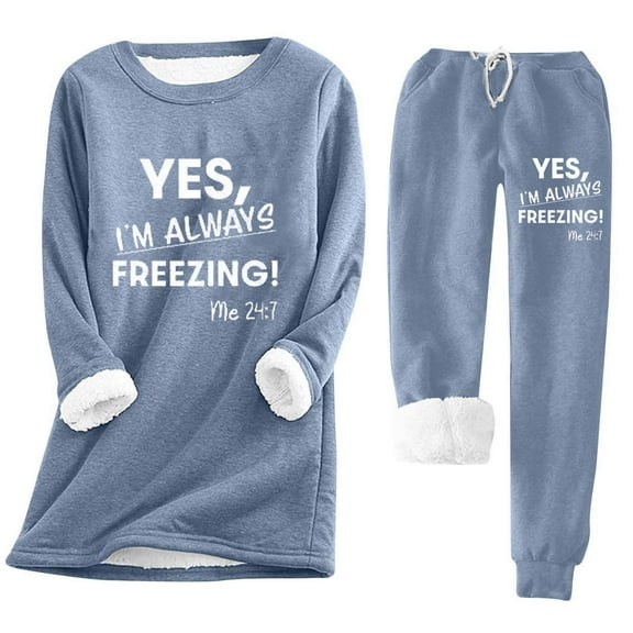 TMOYZQ Womens Yes I'm Still Freezing Me 24 7 Loungewear Set Fleece Two Piece Sherpa Lined Crewneck Long Sleeve Sweatshirt & Sweatpant Soft Fleece Pajamas