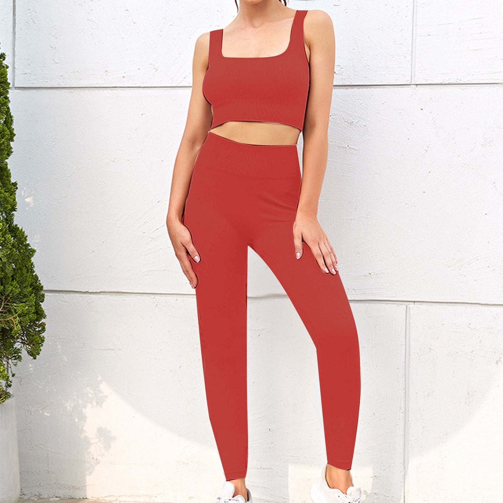 TMOYZQ Workout Sets for Women, 2 Piece Outfits Seamless Ribbed Tank Cropped Top Sports Bra with