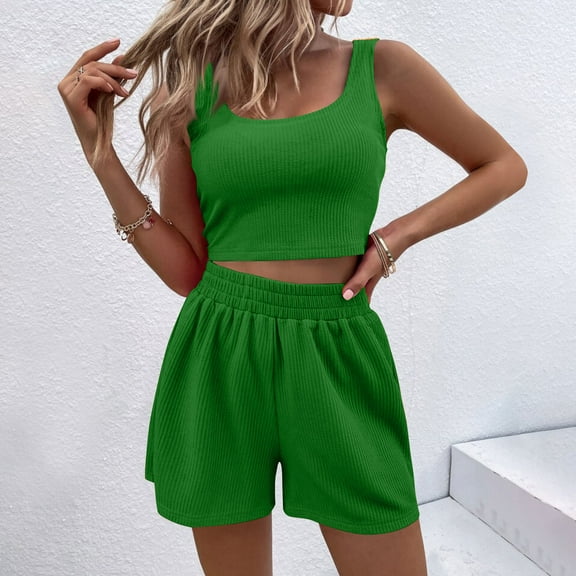 TMOYZQ Workout Sets for Women 2 Piece Seamless Ribbed Tank Top Sport High Waist Shorts Lounge Sets Casual Gym Yoga Exercise Outfits