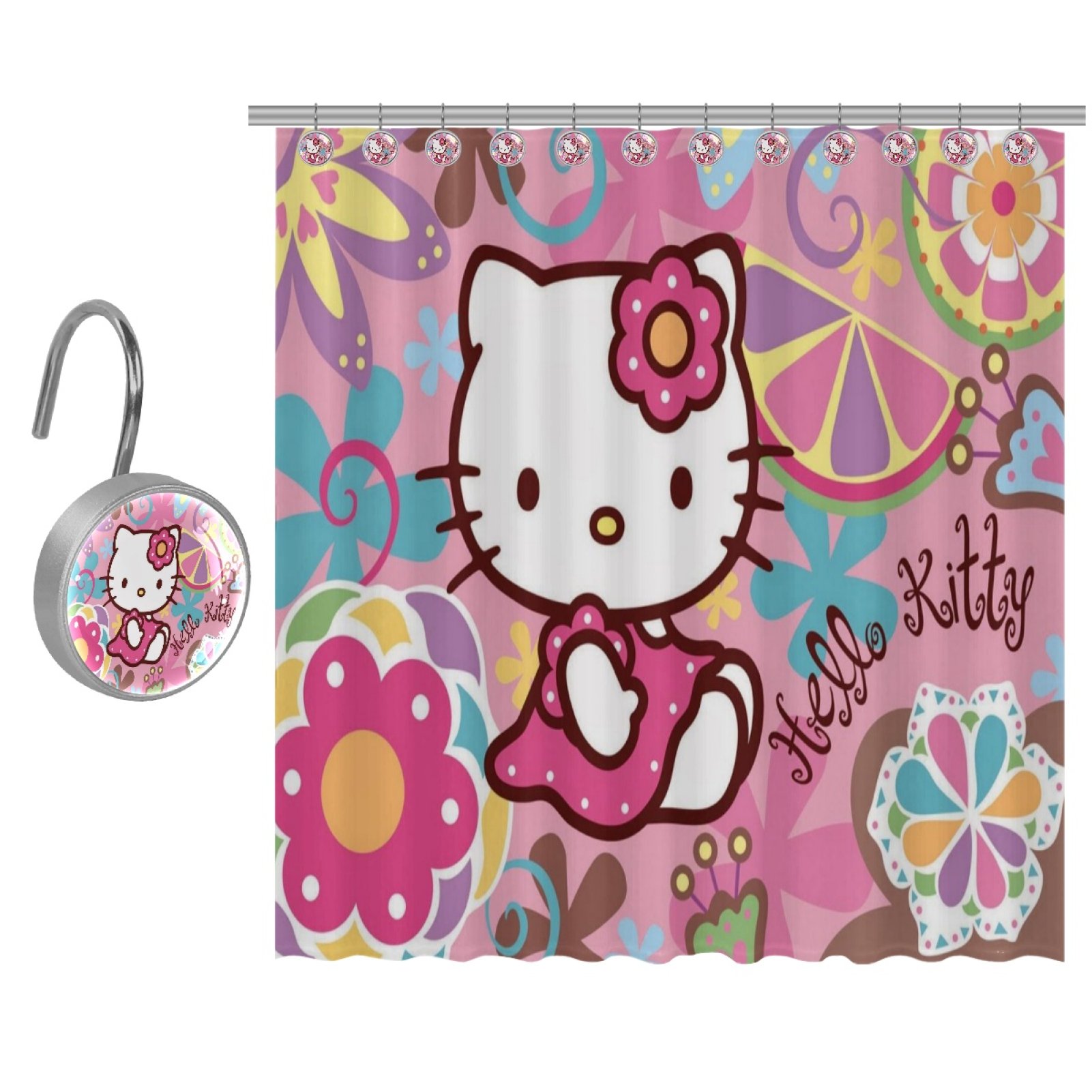 TMOaCK Hello Kitty Shower Curtain with 9 Hooks Set 36"x72"
