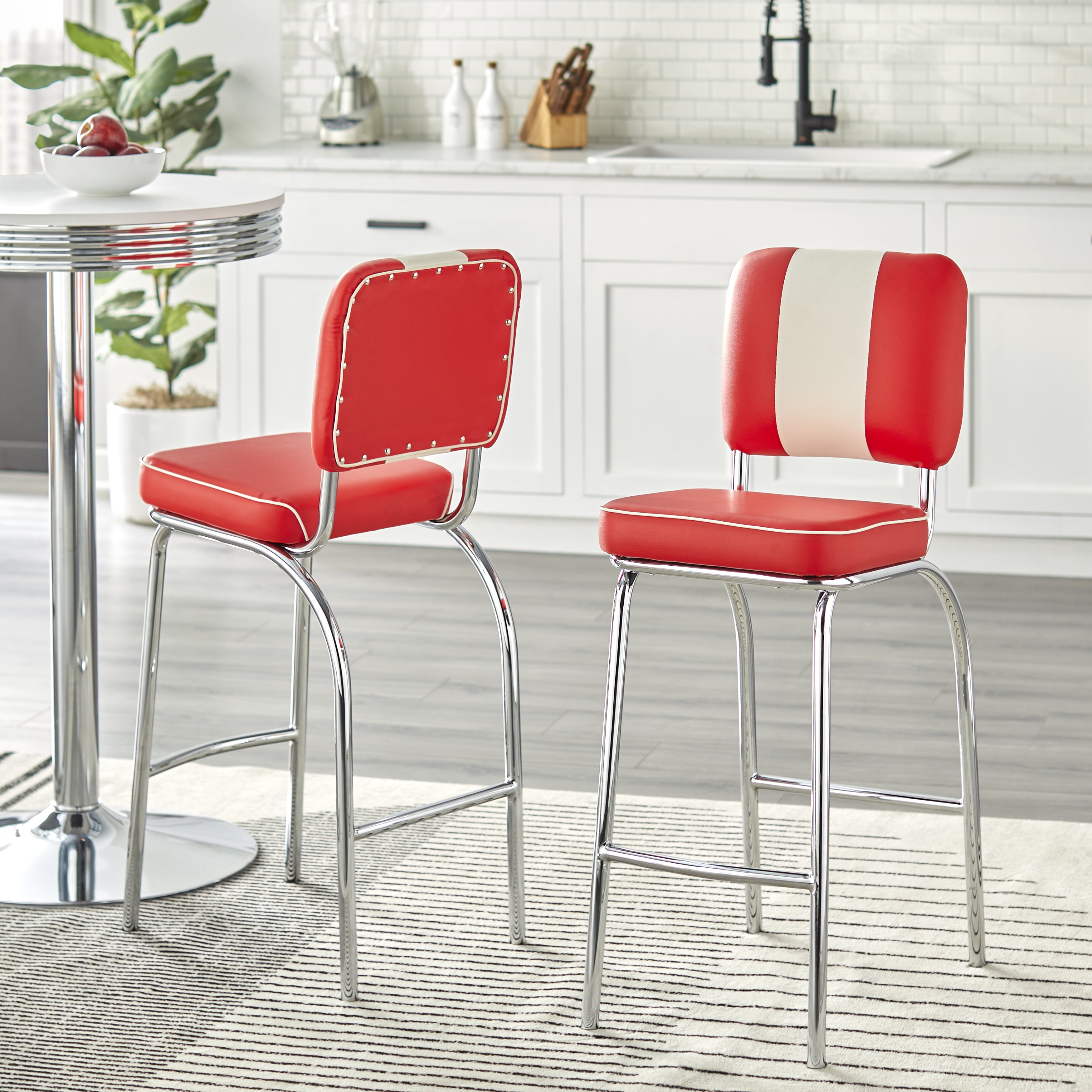 TMS 30" City Street Retro Stool (Set of 2), Red and Chrome