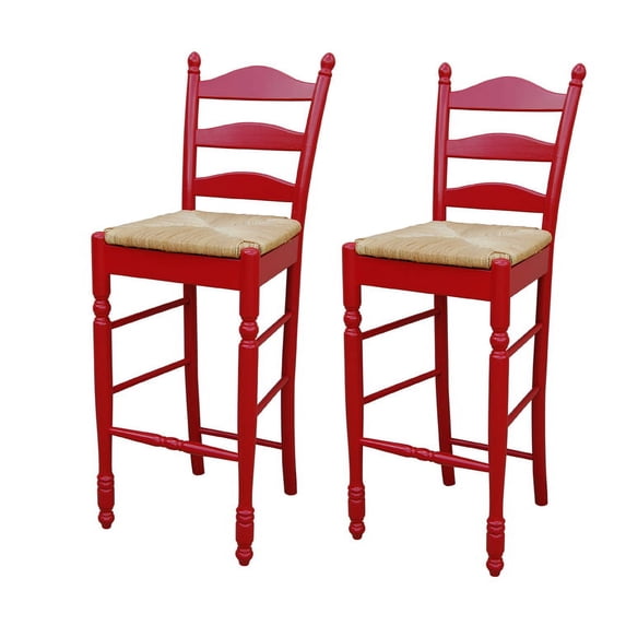 TMS 30" Indoor Ladder Back Bar Stool with Rush Seat, Set of 2, Red