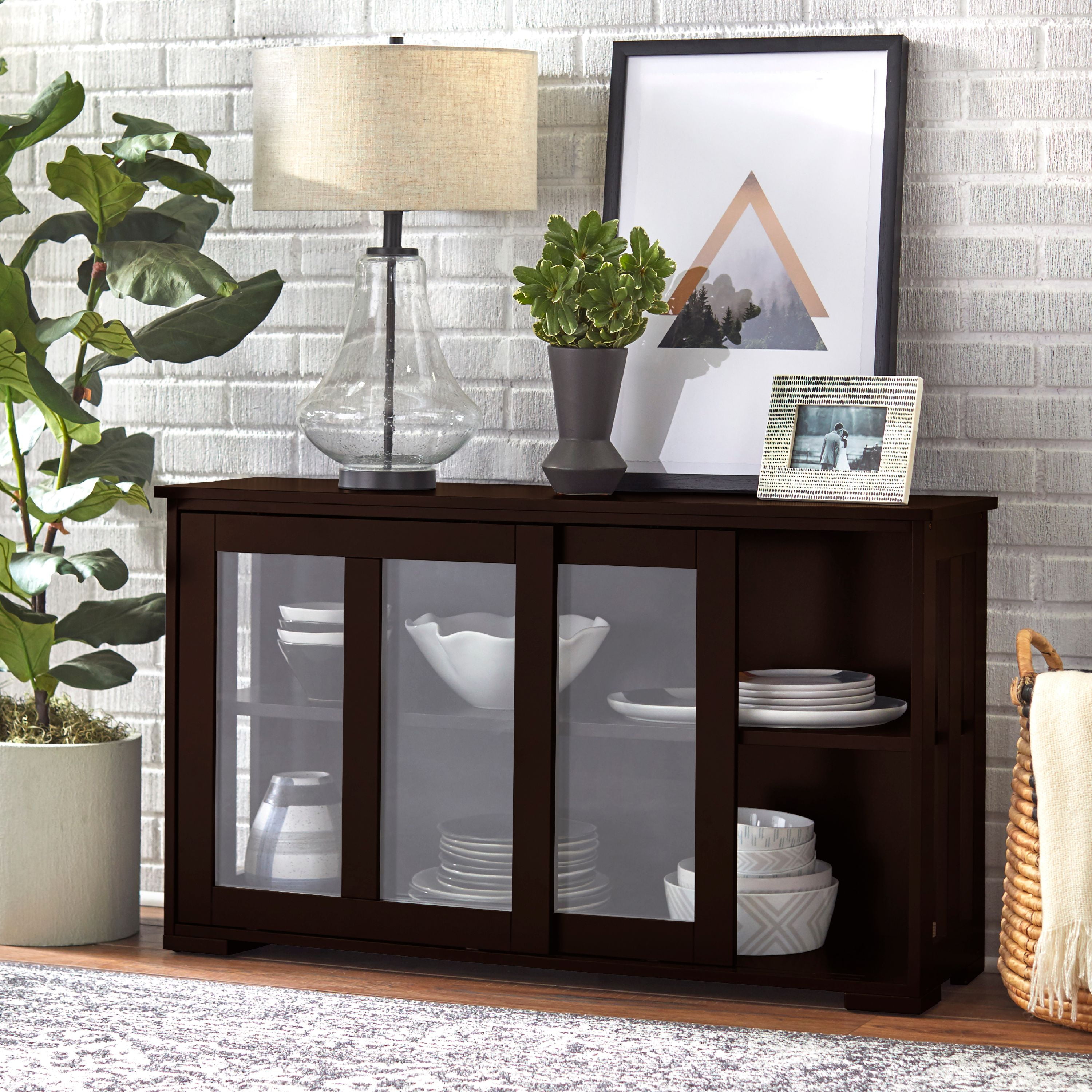 Espresso MDF Freestanding Cabinet with Sliding Glass Doors