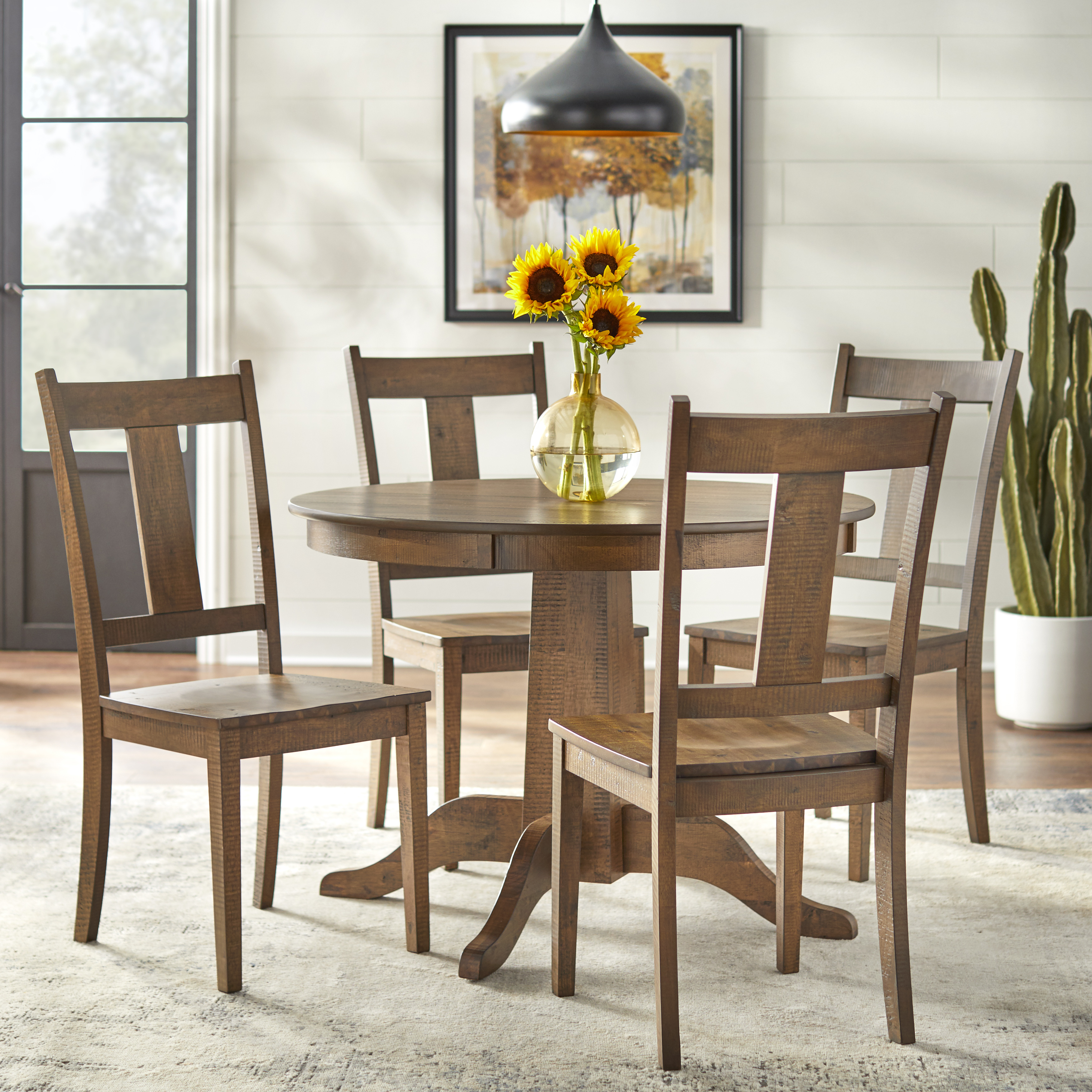 TMS Athens Round Pedestal Base 5 Piece Dining Room Set, Walnut Finish