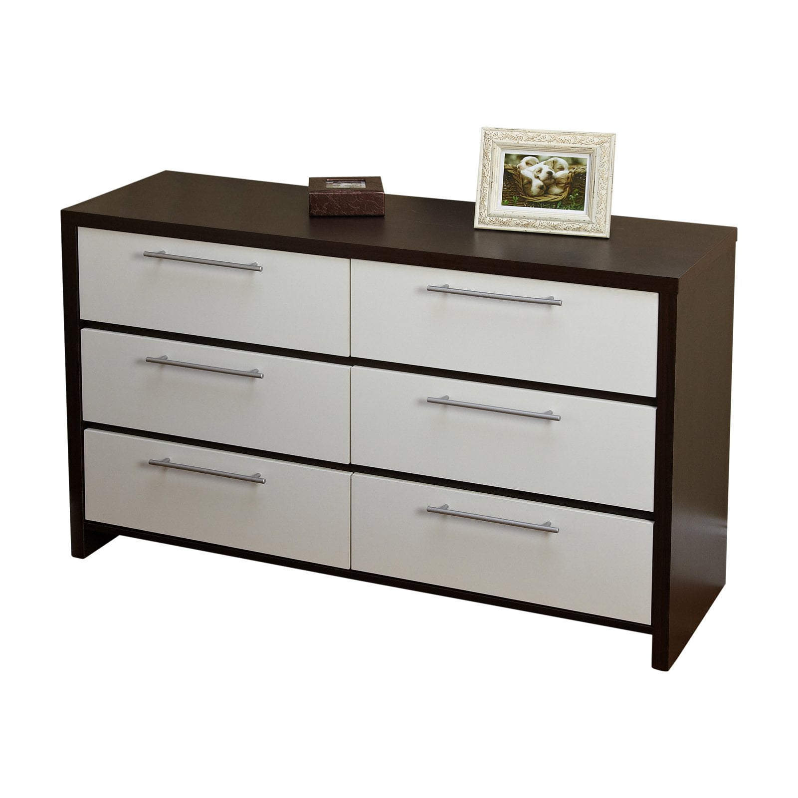 White and Espresso 6-Drawer Chest with Chrome Handles