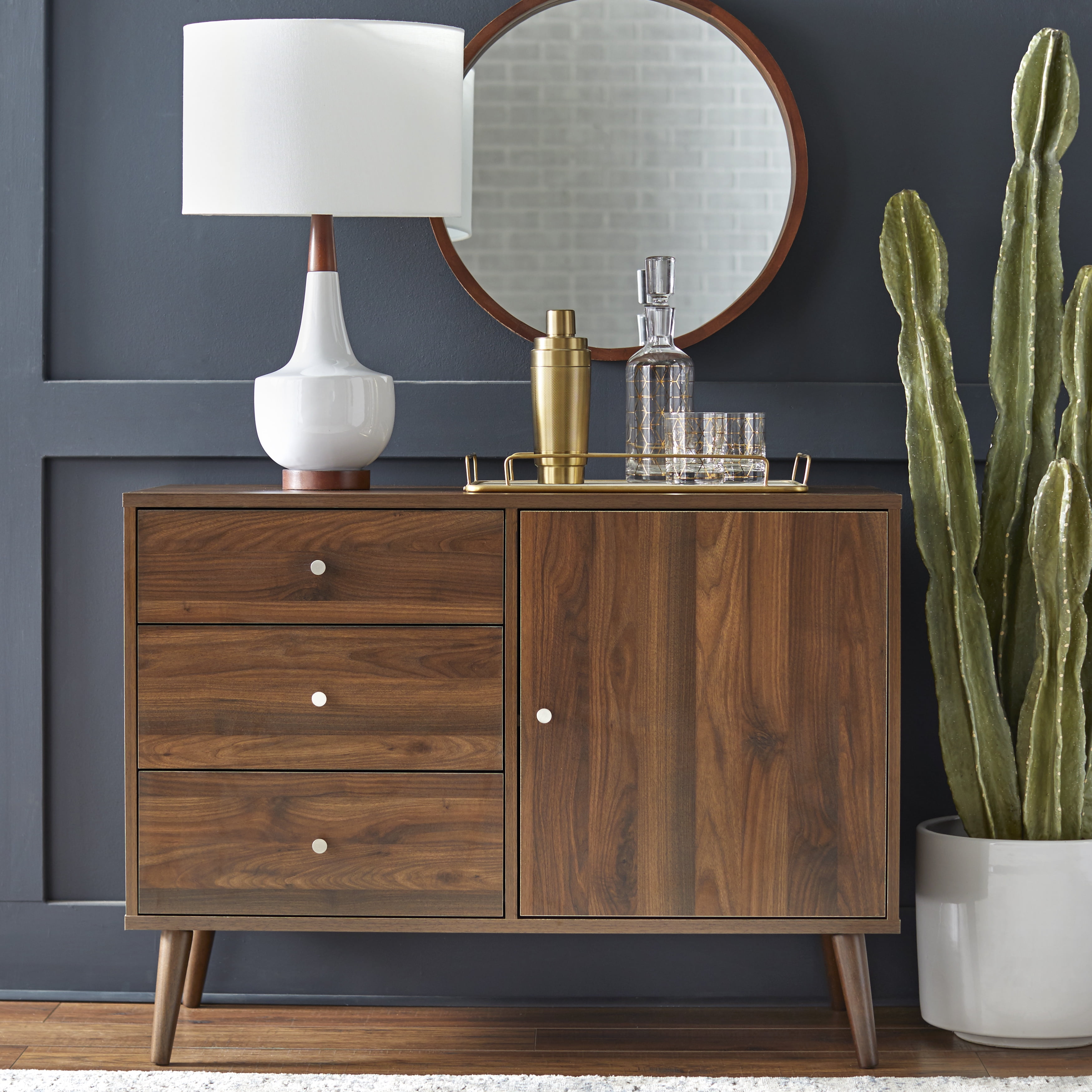 TMS Carroll 40” Wide Mid Century Modern Dining Room Sideboard Buffet, Walnut Finish