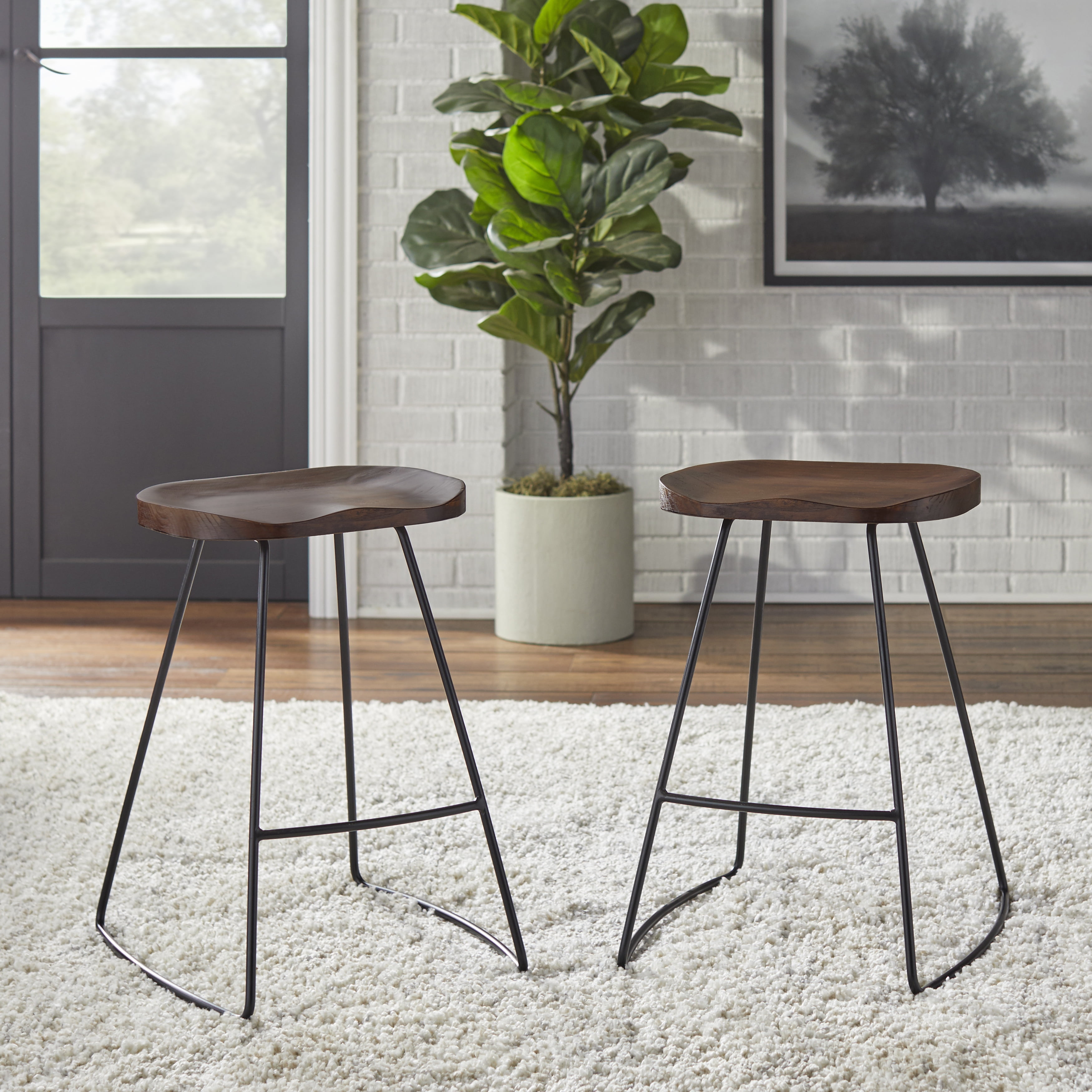 TMS Chapman 24” High Contoured Wood Seat, Backless Stool (Set of 2), Walnut and Black Finish