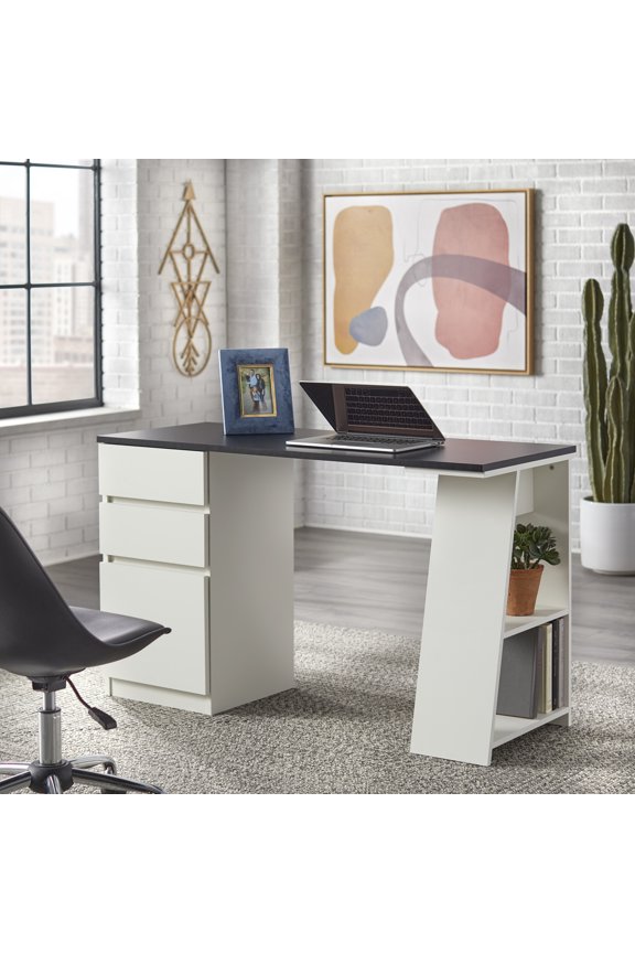 Como Modern 20 in x 49.5 in x 29.75 in MDF Portable 2 Box Drawer/1 File Drawer Writing Desk, Black/White