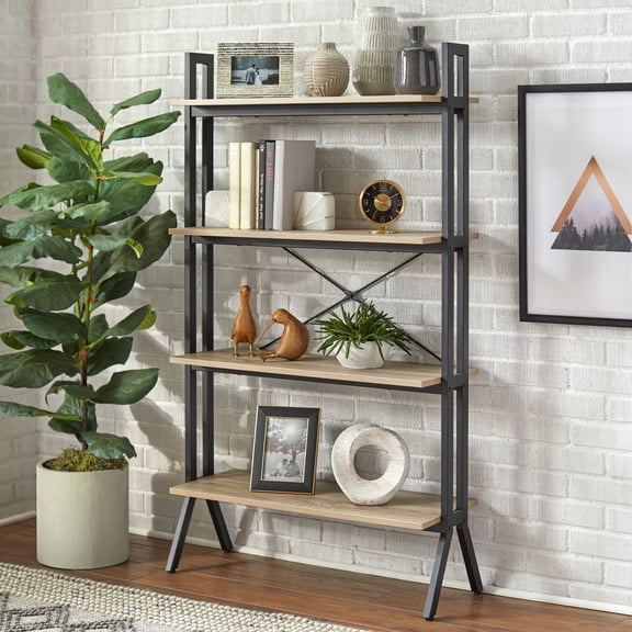 TMS Connection 4-Tier Bookshelf for Adults, Modern Natural Wood Finish