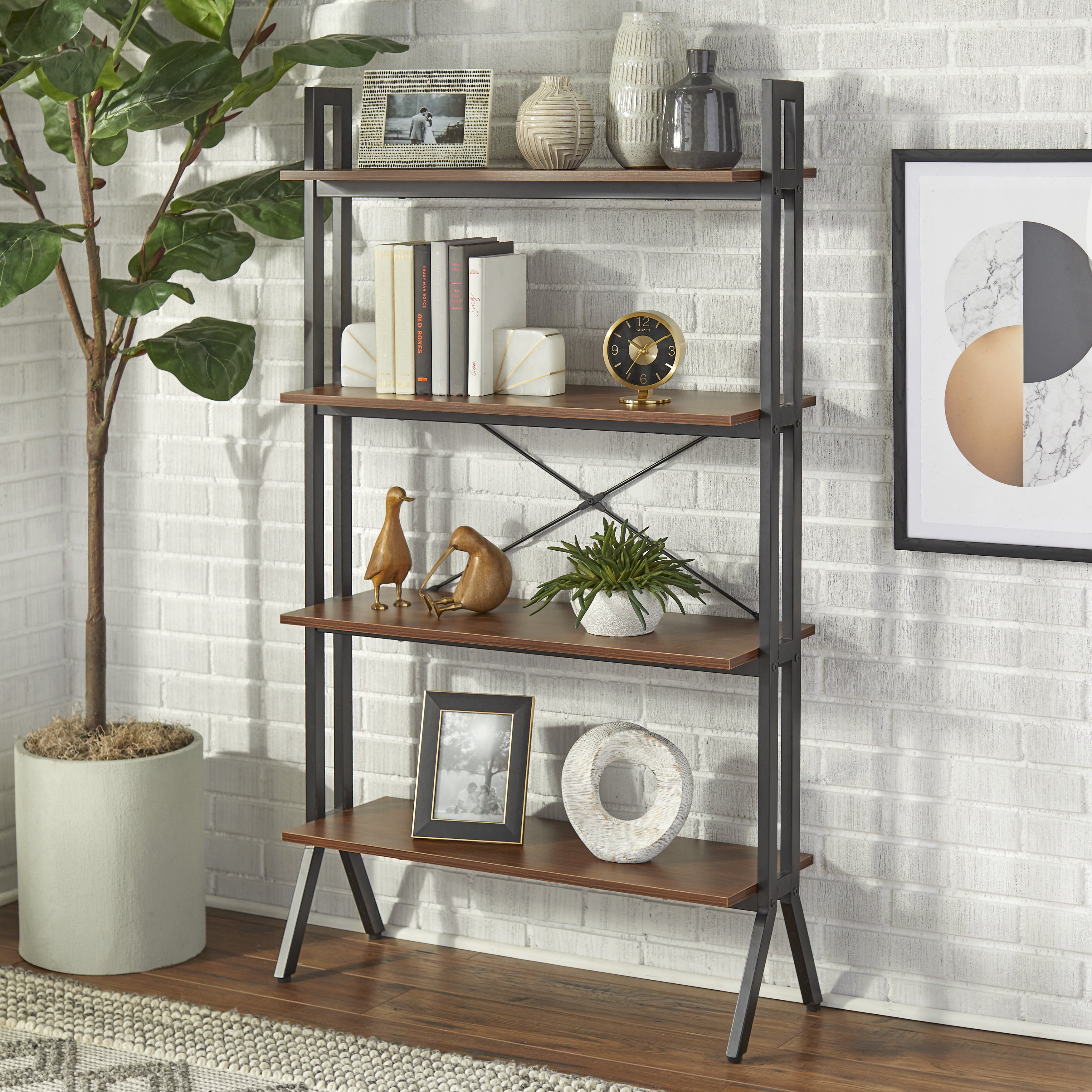 Walnut and Black 4-Tier Bookshelf with Metal Frame