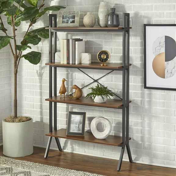 TMS Connection 4-Tier Medium Wood Bookshelf, Walnut Finish for Adults