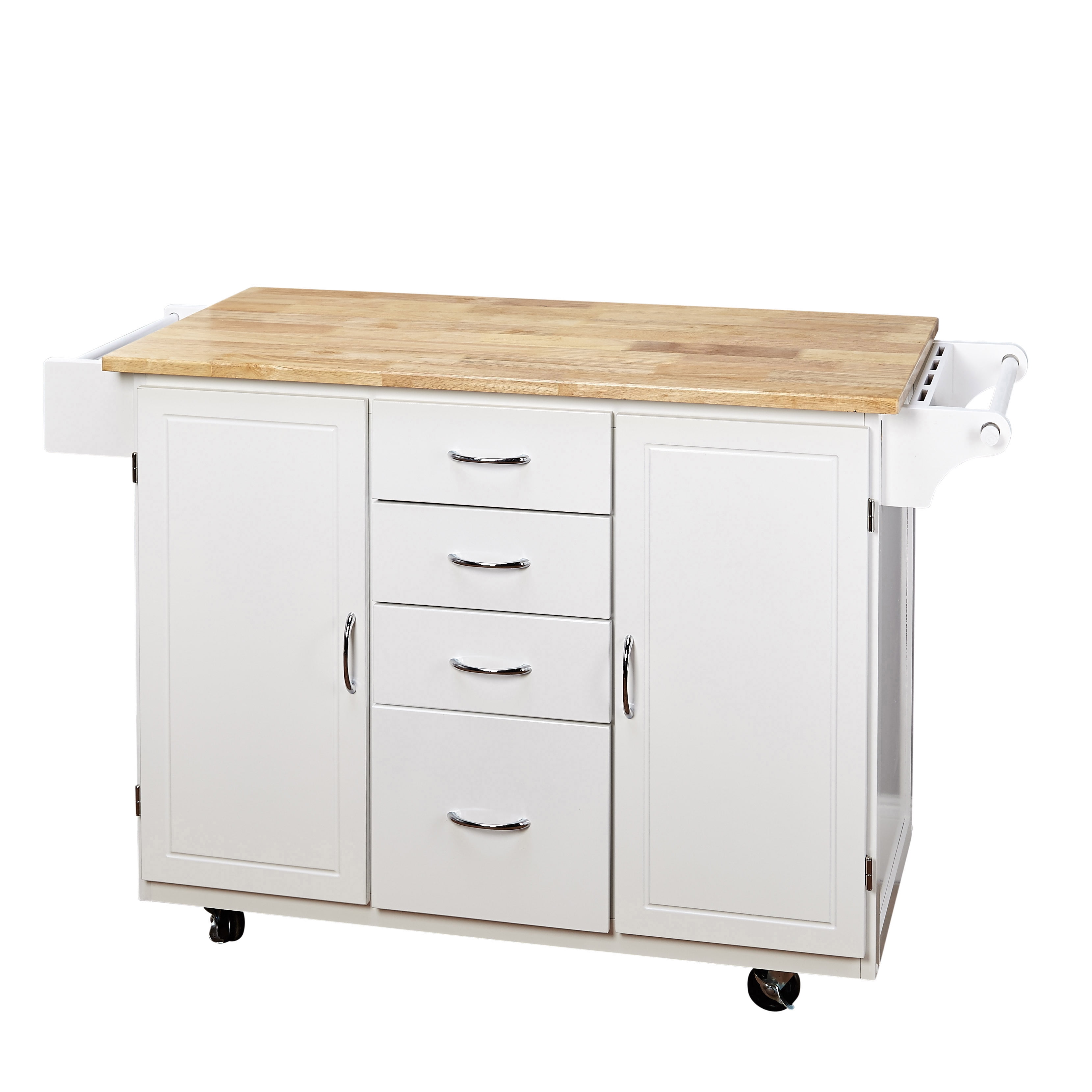 TMS Country Cottage Butcher Block Rolling Kitchen Island with Drawers, Adjustable Shelf, Knife Block, Towel Rack, and Spice Rack, White