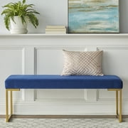 TMS Delarue 48” Wide Modern Metal Frame Dining Bench, Seats 2, Blue Velvet