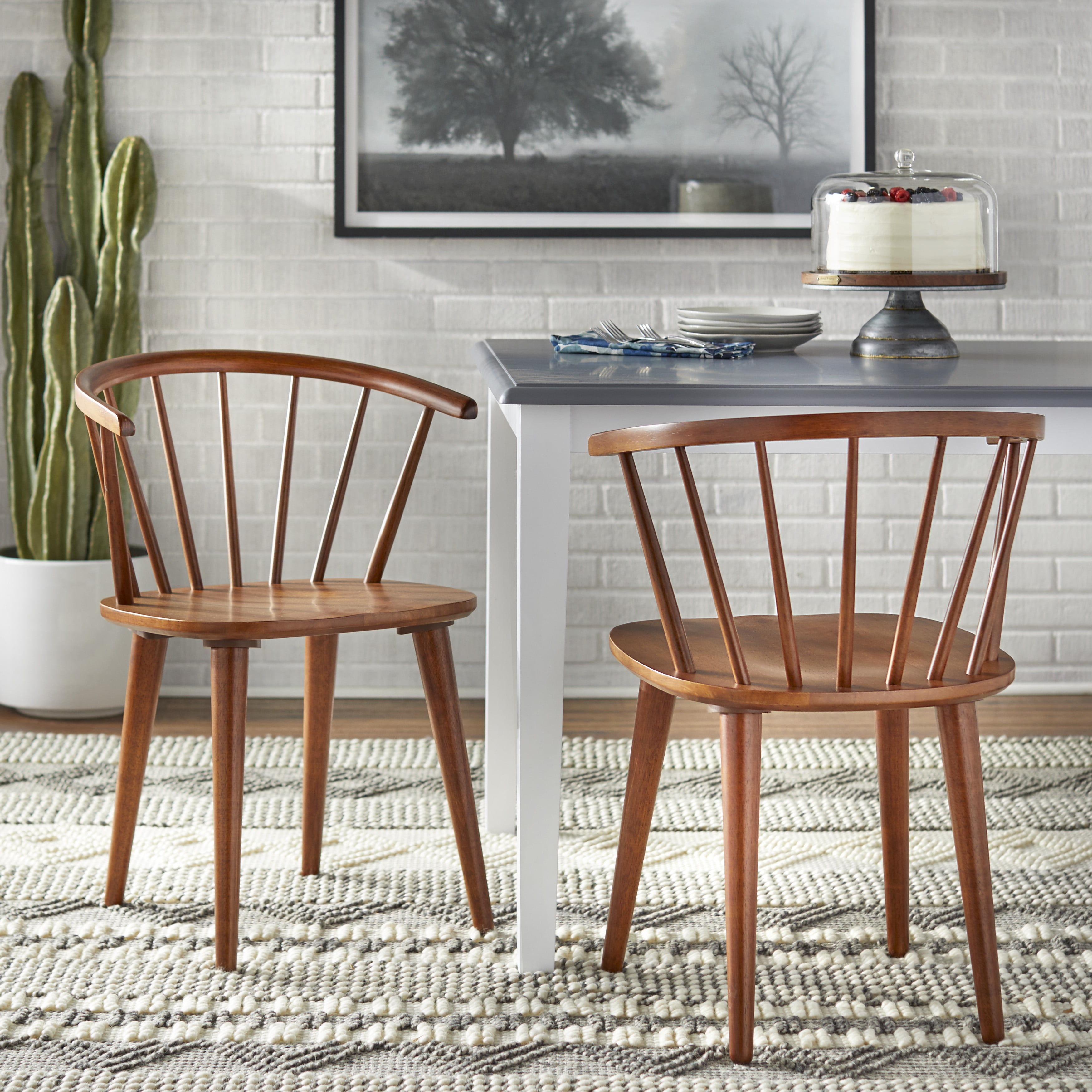 Walnut High Back Windsor Arm Chairs Set of 2