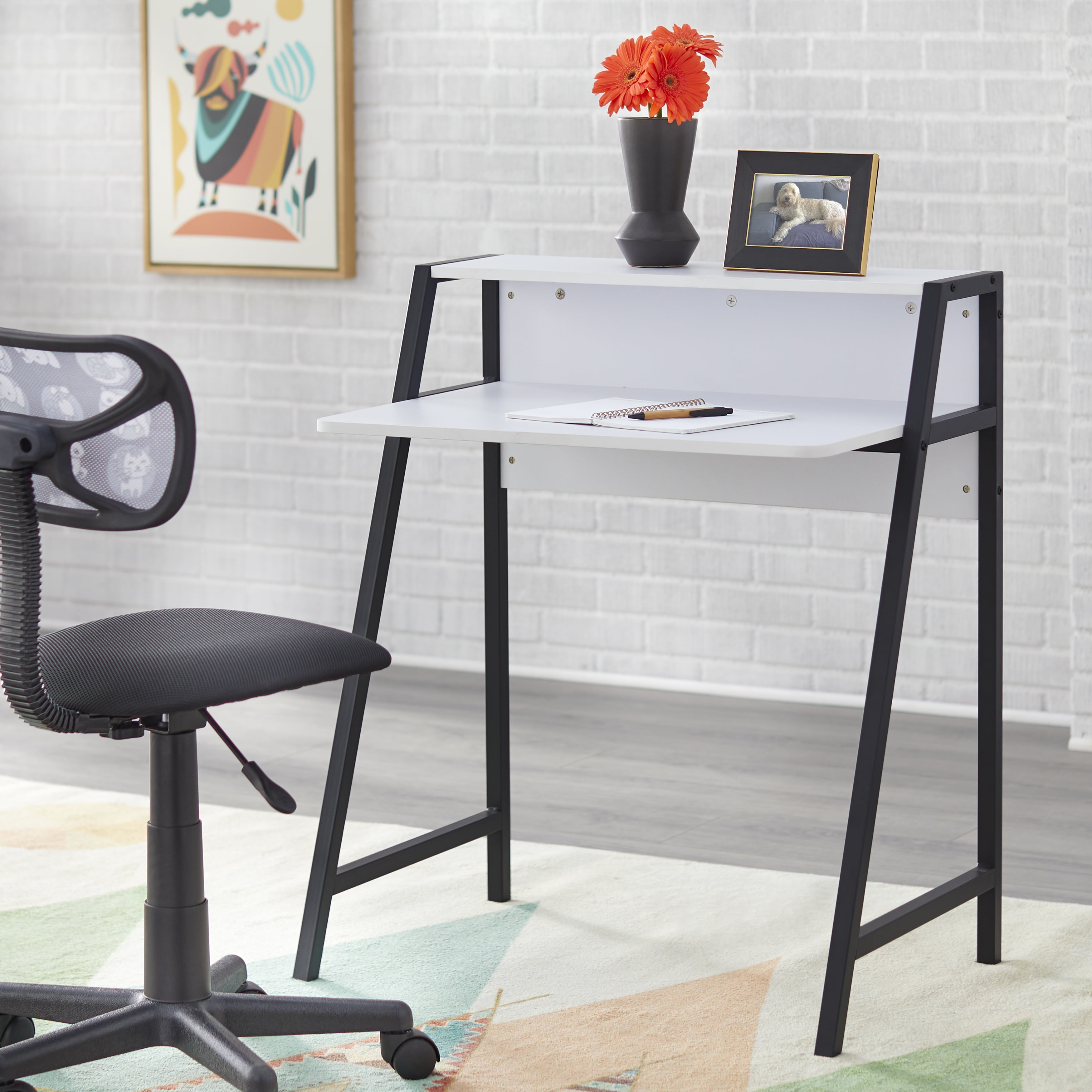 TMS Focus Metal Frame Kids Study Desk with Shelf, Two-Tone Black/White