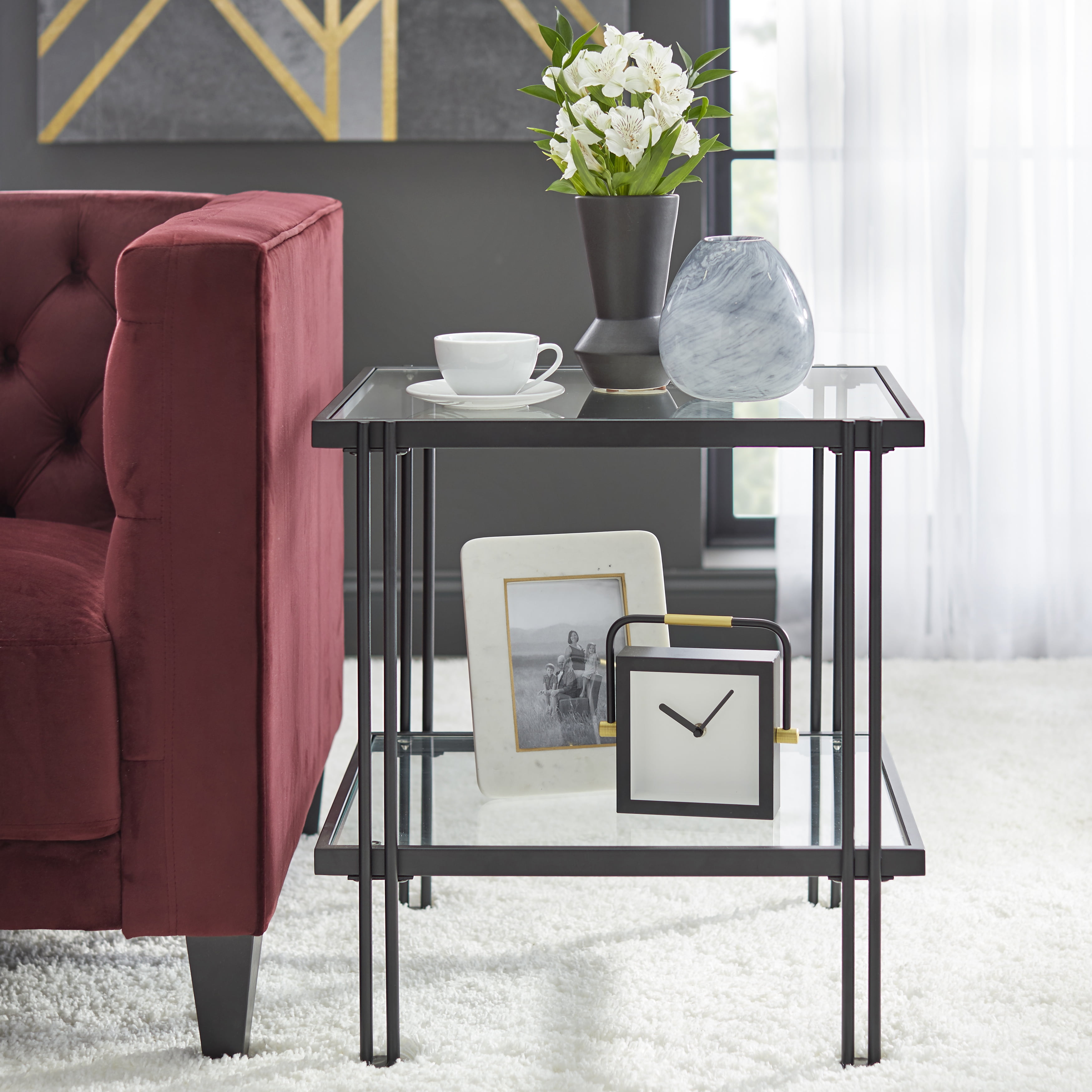 TMS Folio Adult Contemporary Glass End Table with Storage, Black/Clear