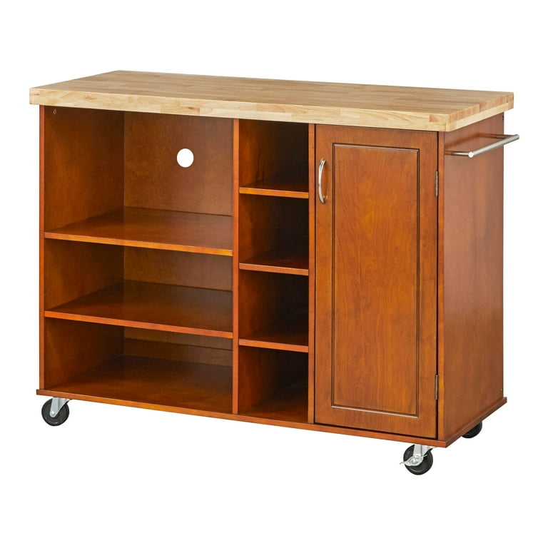 Free Shipping TMS Galvin Butcher Block Rolling Kitchen Cart with Microwave Cabinet Shelves and Towel Rack Walnut Walmart