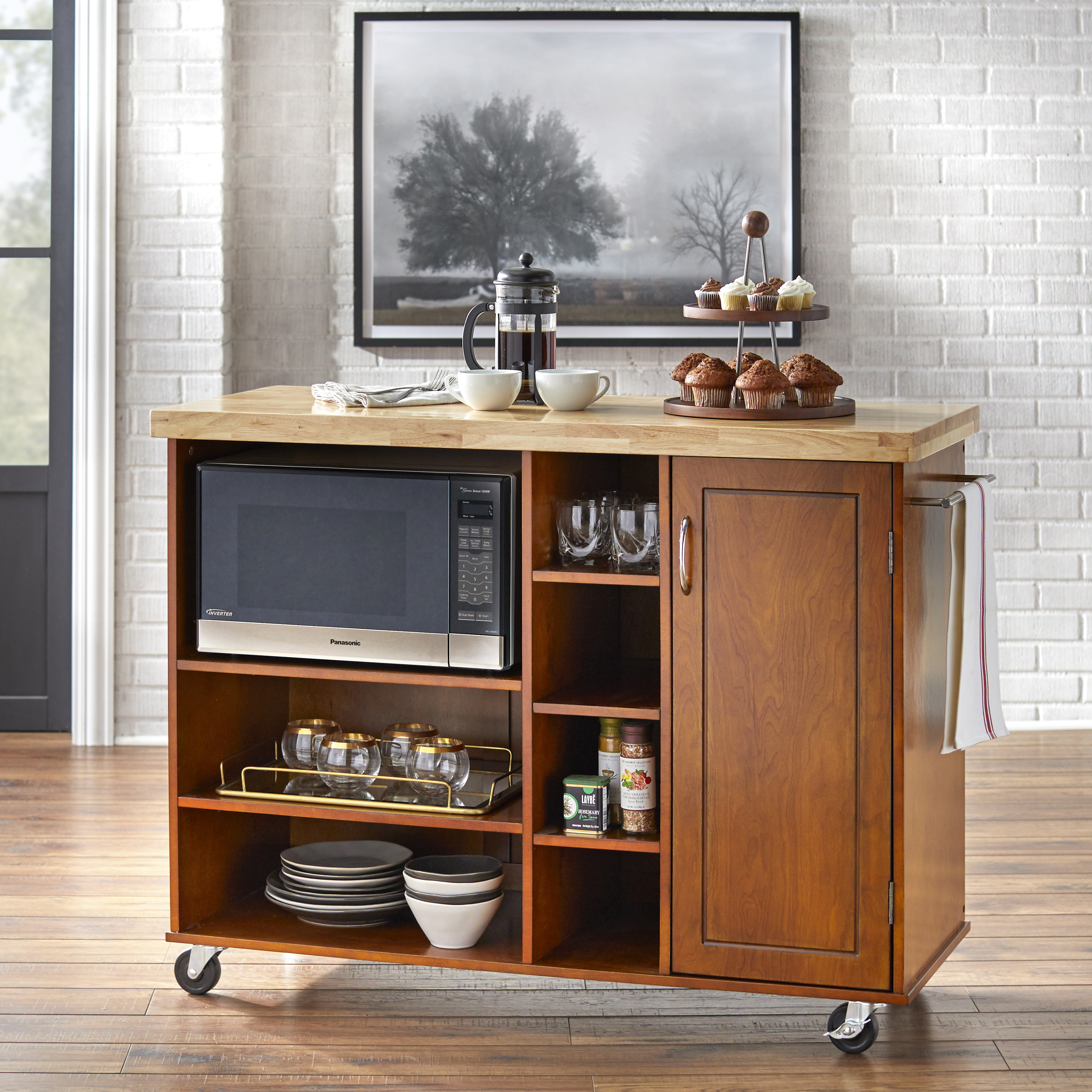 TMS Galvin Butcher Block Rolling Kitchen Cart with Microwave Cabinet, Shelves, and Towel Rack, Walnut - image 1 of 7