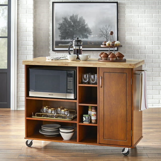 TMS Galvin Butcher Block Rolling Kitchen Cart with Microwave Cabinet, Shelves, and Towel Rack, Walnut