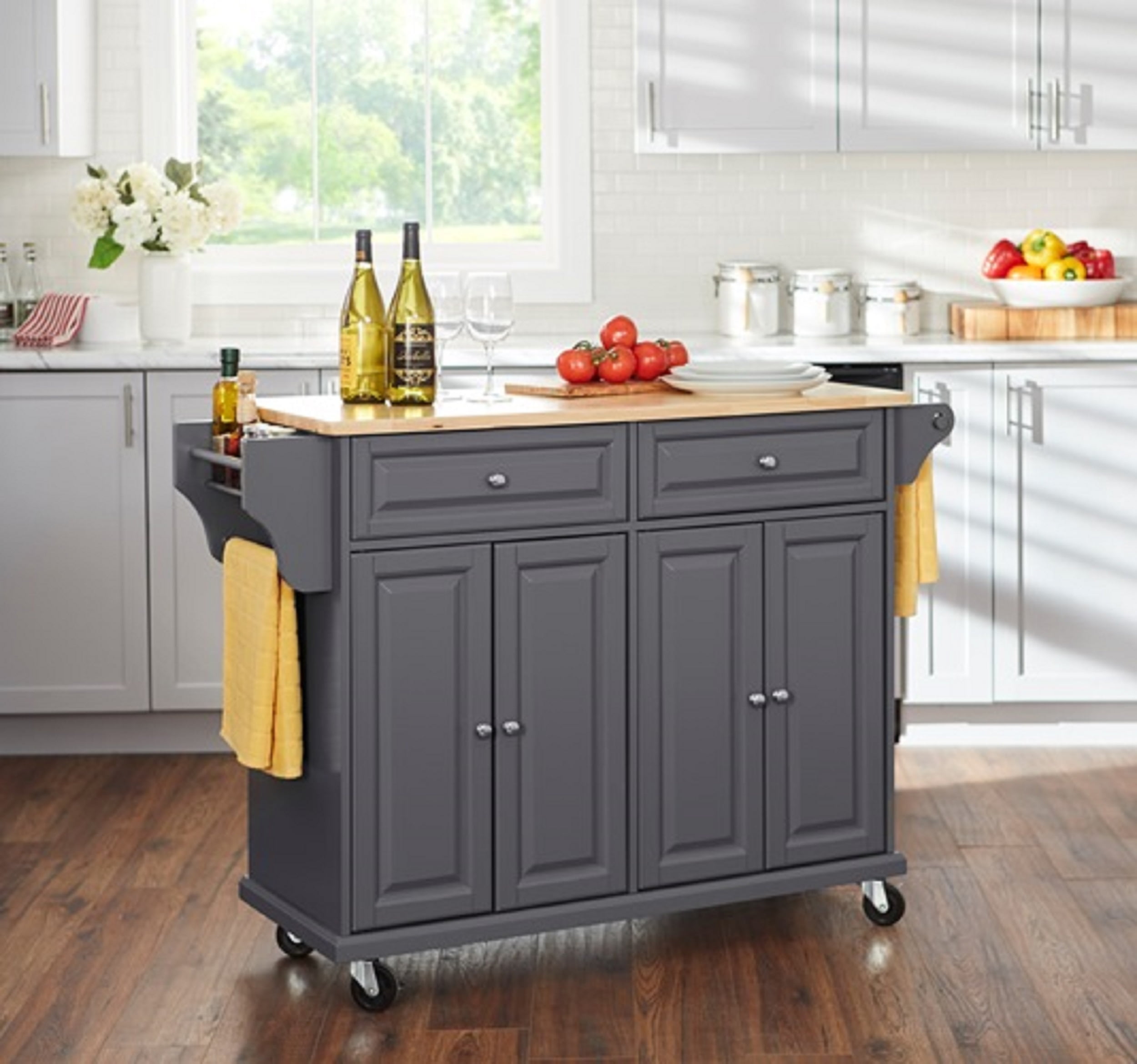 Charcoal Gray Wood Kitchen Cart with Natural Rubberwood Top