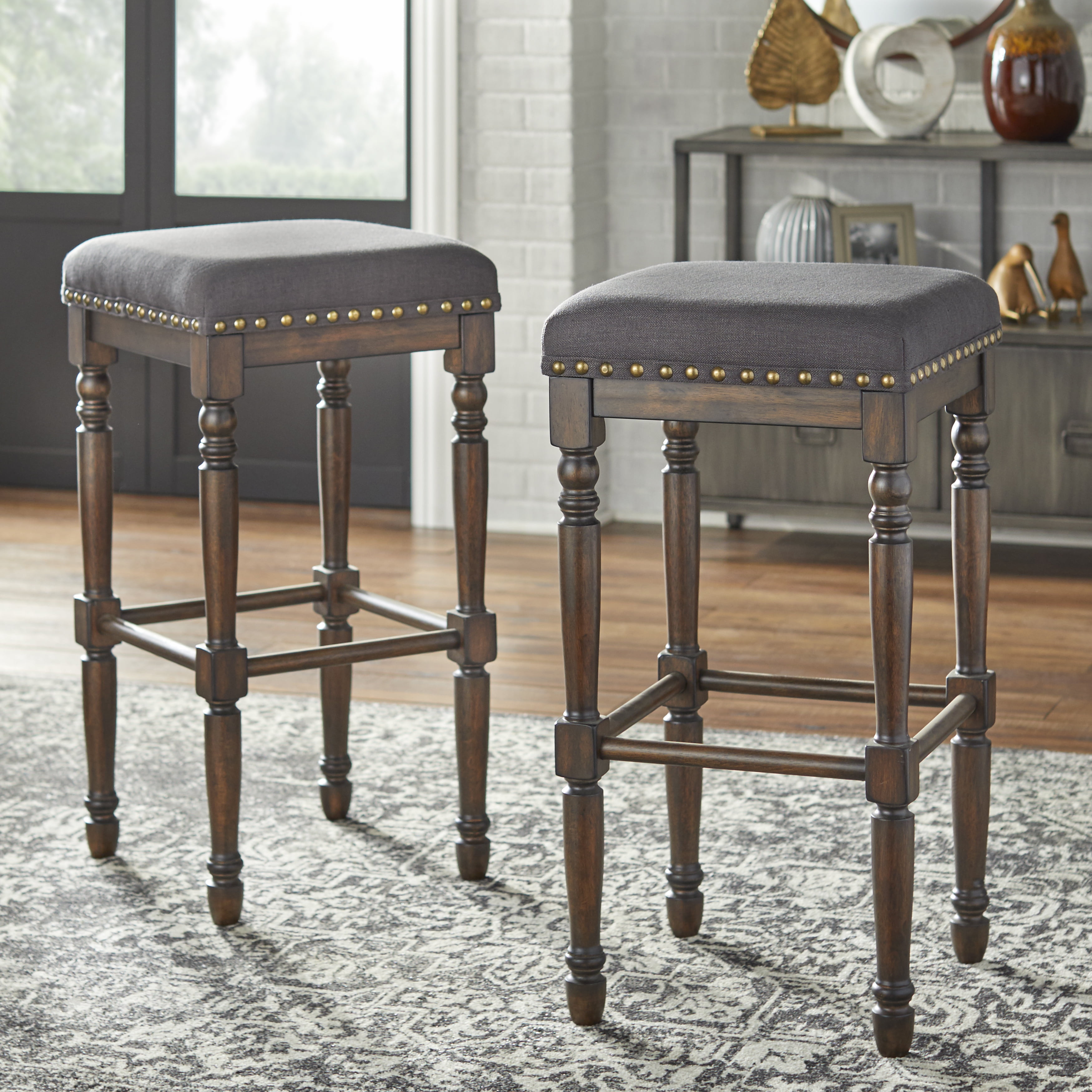 30" Rustic Brown and Charcoal Gray Backless Wood Barstools, Set of 2